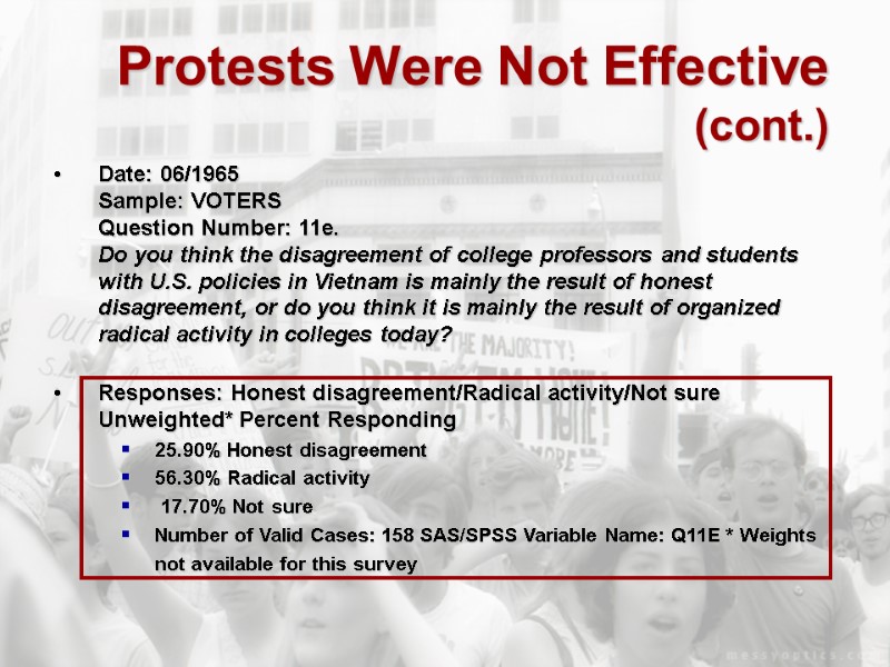 Protests Were Not Effective (cont.) Date: 06/1965  Sample: VOTERS  Question Number: 11e.